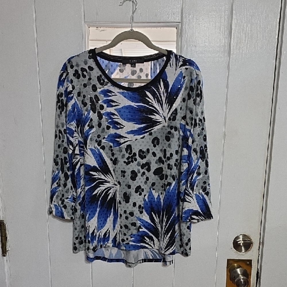 Toni Morgan Women's Blouse Blue/Black Tropical Animal Print Clear Sequins‎ Sz XL